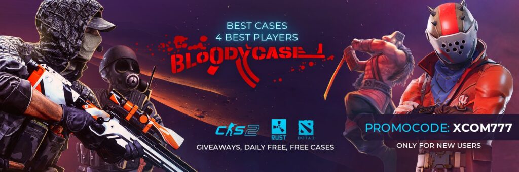 BloodyCase Logo with CS2, Rust, and Dota 2 Skins