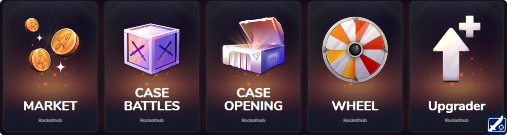 RocketHub.gg Game Modes – Upgrader, Case Opening, Case Battle, Wheel