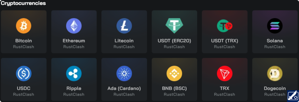 Cryptocurrency Deposit Methods on RustClash - Bitcoin, Ethereum, Litecoin, Dogecoin