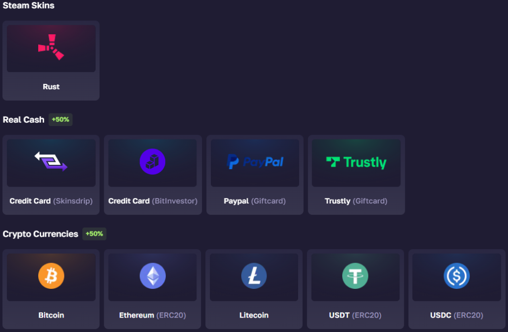 RustMagic payment methods including Rust skins, Bitcoin, and Ethereum