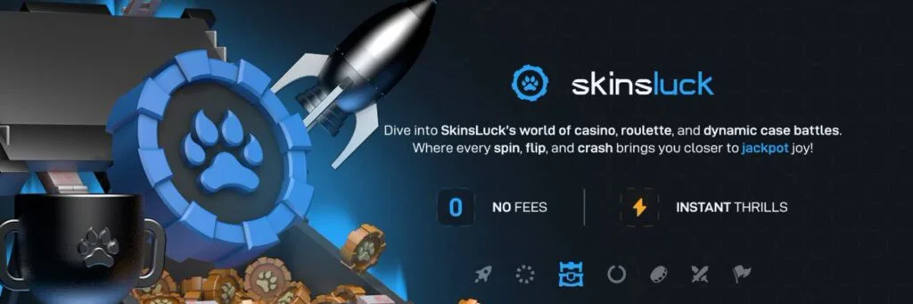 SkinsLuck Casino Overview SkinsLuck banner with logo and popular game modes like Roulette, Crash, and Coinflip