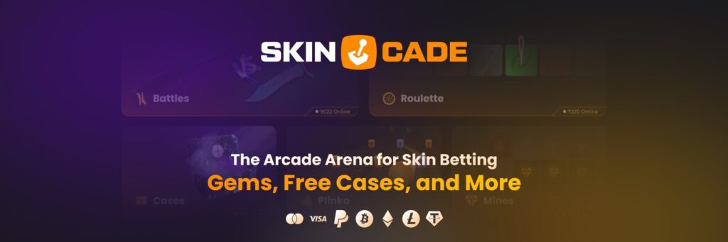 Skincade hero banner showcasing Rust and CS2 skins and arcade games