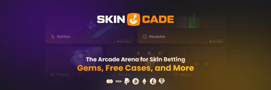 Bet Rust and CS2 skins on Skincade's arcade games Skincade hero banner showcasing Rust and CS2 skins and arcade games